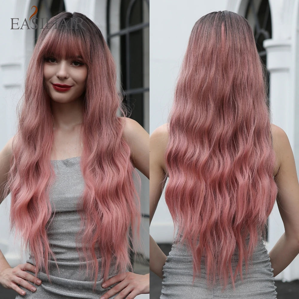 EASIHAIR Dark Brown Long Curly Synthetic Wig with Bangs Brown Women's Wigs for Cosplay Daily Use Heat Resistant Natural Hair