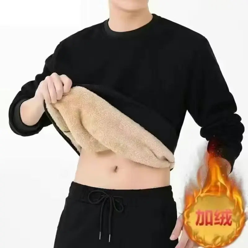 Men's wool lined autumn and winter warm T-shirt warm underwear round neck pullover sweatshirt thick long sleeved top