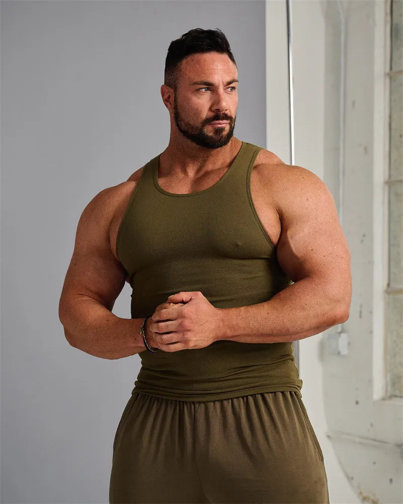 Spring Summer Knit Ice Silk Ribbed Fitness Sports Casual Slim-fit Men's Vest Men's I-line Muscle Vest Cotton Men