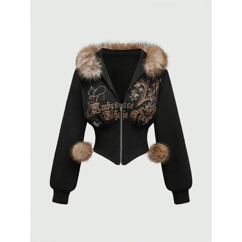 Winter Warm Gothic Print Hoodie Women's Clothin Faux Fur Crop Top Zip-Up Sweatshirt Fashion Y2K Streetwear Hooded Jacket 2026New