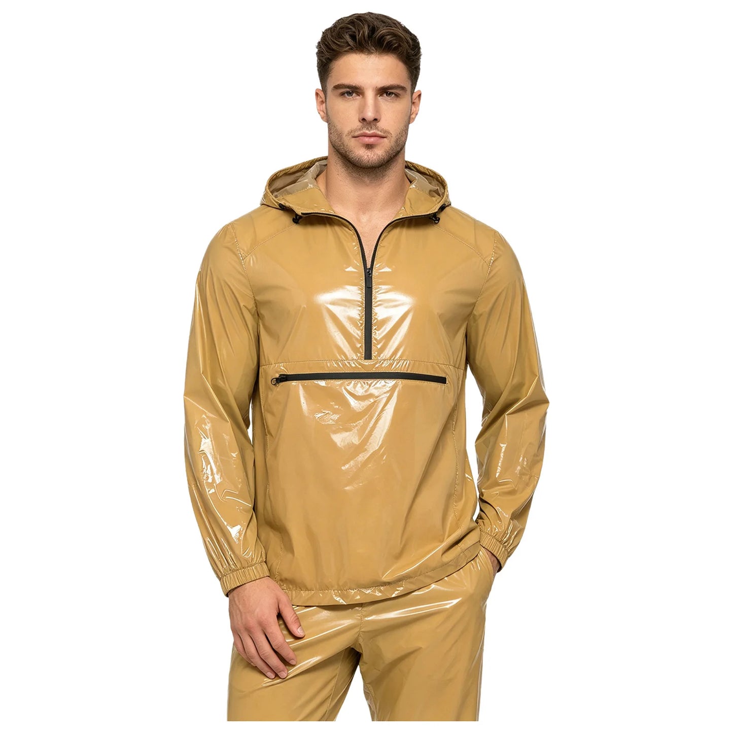 Men Shiny Glossy Hooded Jacket Windbreaker Raincoat for Hiking Fishing Biking Long Sleeve Front Zip-up Drawstring Hood Outerwear
