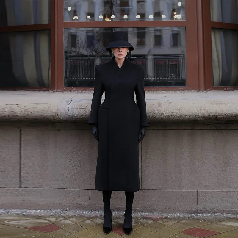 Elegant Long Coat Women V-neck Solid Slim Single-breasted Waist-closed Jackets Lady 2026 Spring Chic Female Streetwear