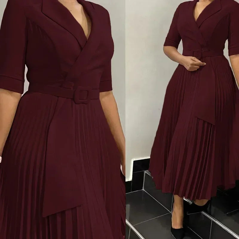 New Dashiki African Dresses for Women Spring Autumn Elegant Half Sleeve V-neck Pleated OL Style Midi Dress African Clothes Femme