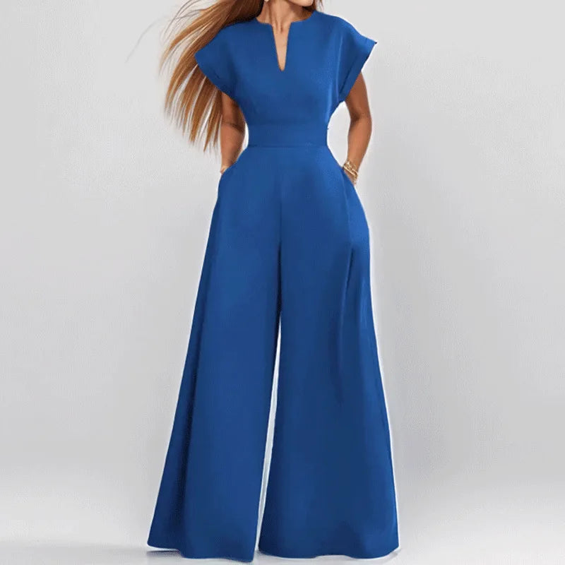 Elegant Solid Color V Neck Jumpsuit For Women High Waist Wide Leg Trousers With Pockets, Formal Office & Party Outfit