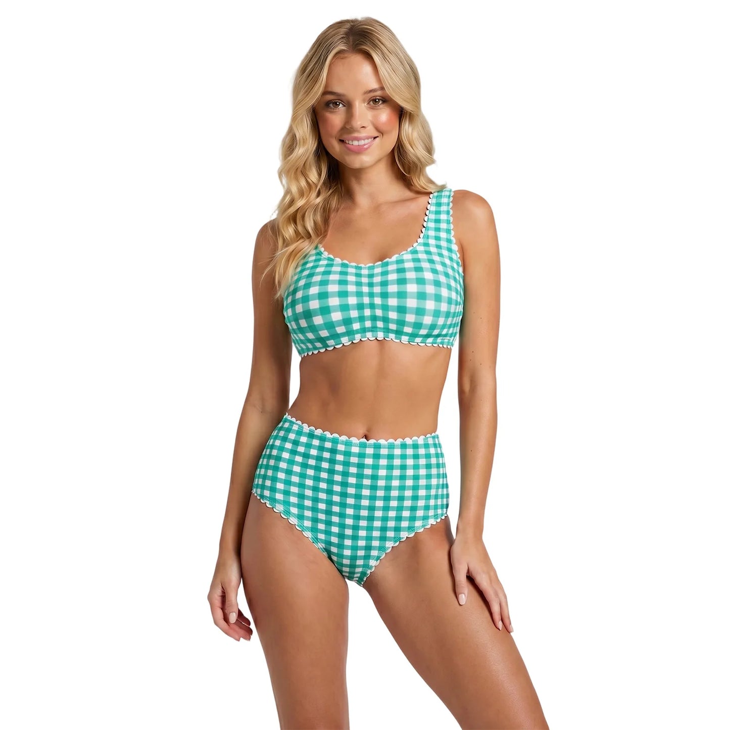 Women Push Up Bikini Contrast Striped/Plaid Scallop Trim Tops and Thongs Swimwear Summer Casual Bathing Suits for Beach Pool