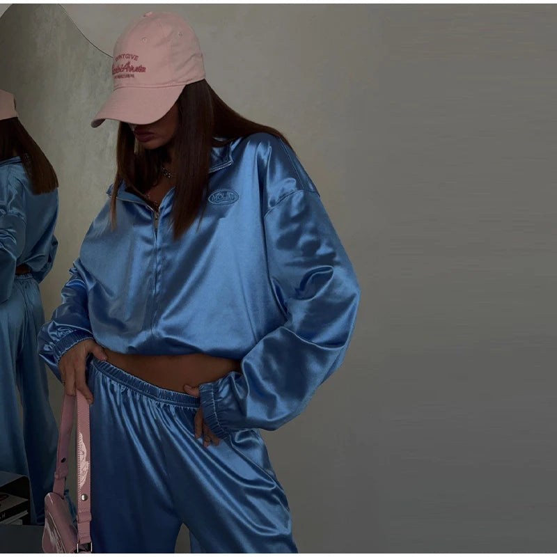 2026 Spring Satin Embroidered Zip-Up Jacket Wide Leg Pants Set Oversized Slouchy Women 2 Pcs Outfit Cool Lady Co-ord Streetwear