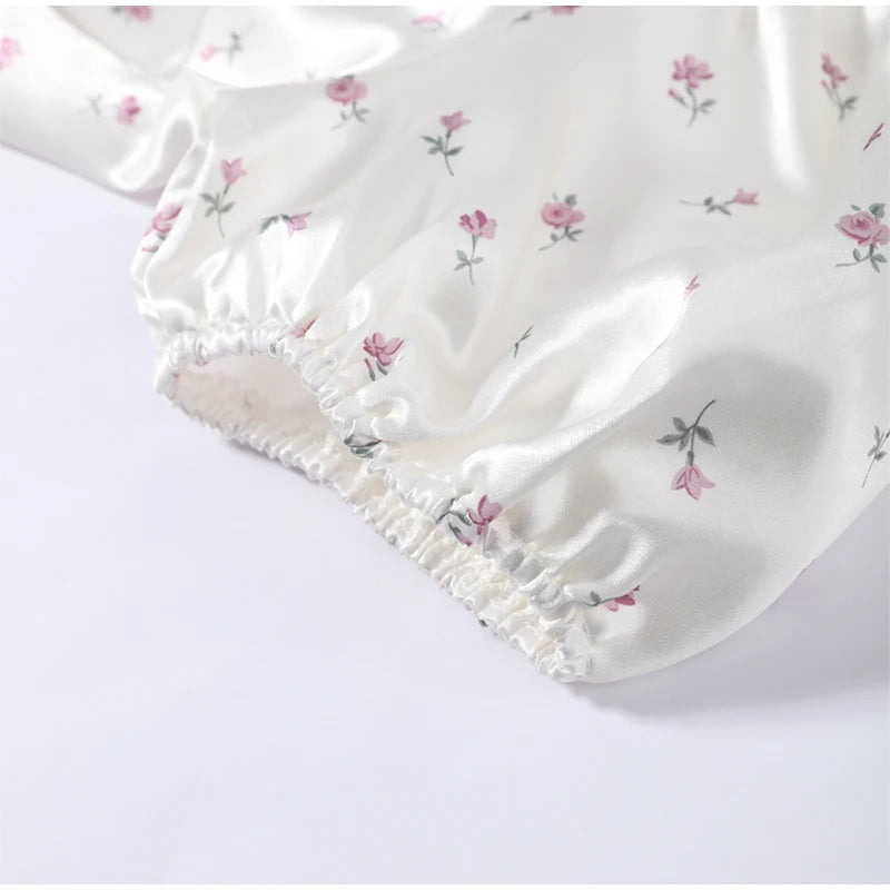 Women's White Floral Print Puff Sleeve Dress With Waistband Fashion Satin Ruffled Hem Maxi Dress Lady 2026 Elegant Party Robes
