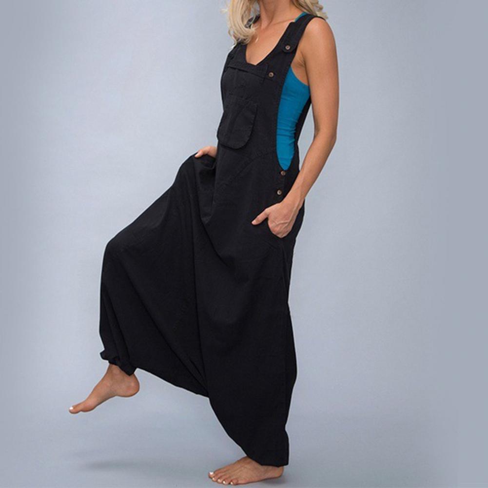 Women Summer Loose Thin Jumpsuits Harem Pants Wide Leg Pants Sleeveless Pockets Bib Jumpsuit Siamese Trousers Large Size S-5XL