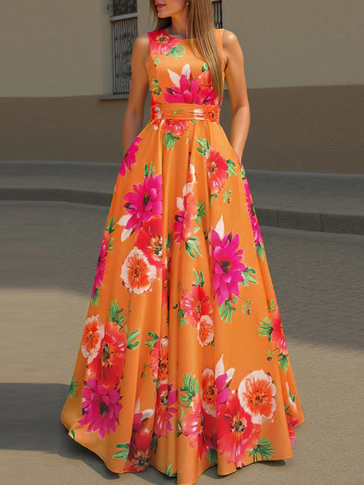 ZANZEA Women Floral Printed Bohemian Sundress 2026 Summer Tank Dress Fashion Sleeveless Waisted Robe Casual Party Maxi Dresses
