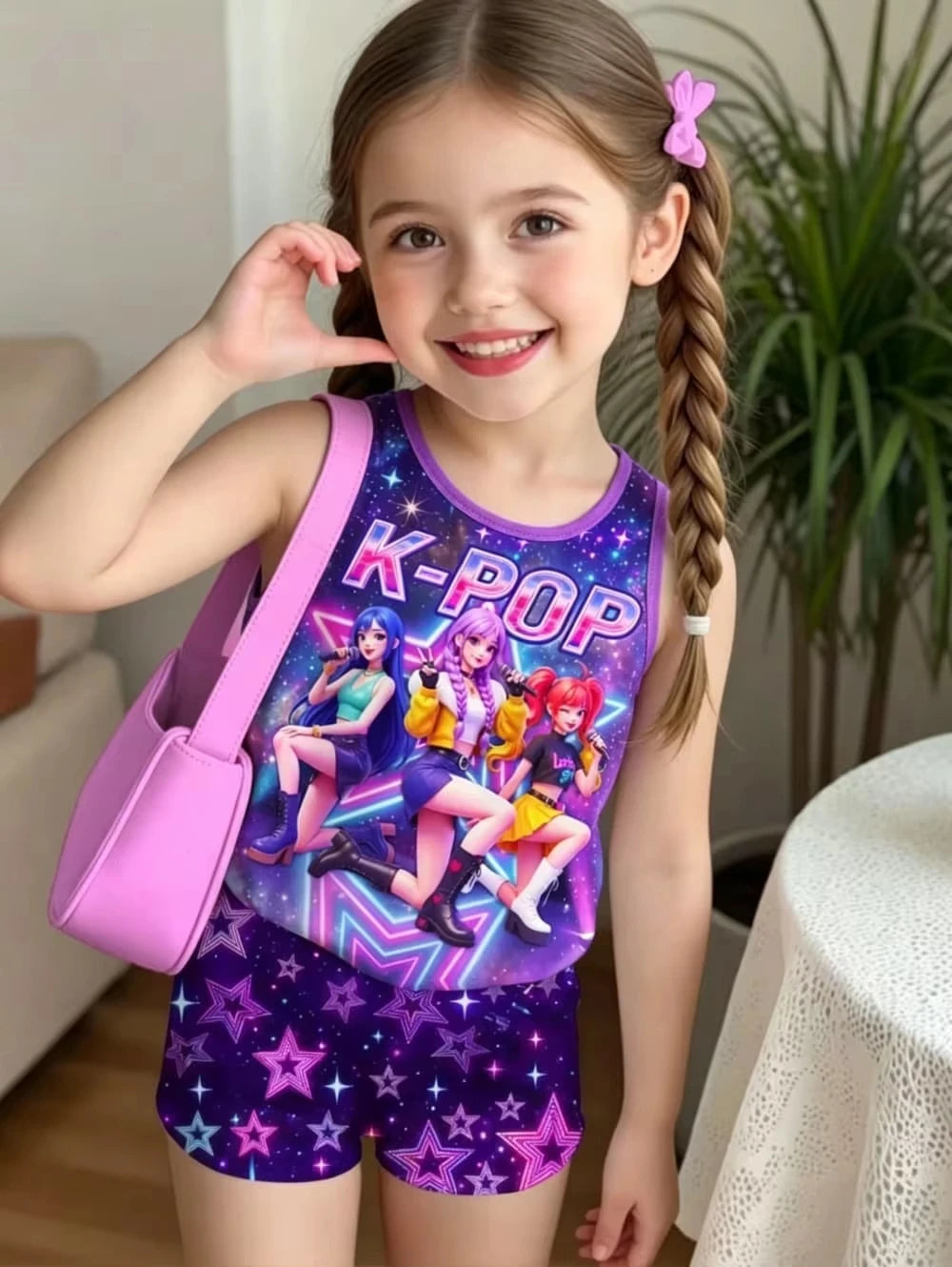 Kids Clothes Girls 2-Piece K-Pop Star Print Tank Top T-Shirt & Shorts Set Casual Streetwear Summer Daily Outfit Girls Clothes