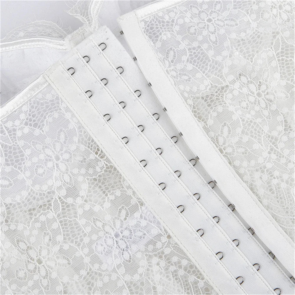 Women Corset Lace Fish Bone Bustier Vest Sexy Mesh Breathable Crop Top White Spaghetti Strap Lace Bra Burlesque Lingerie