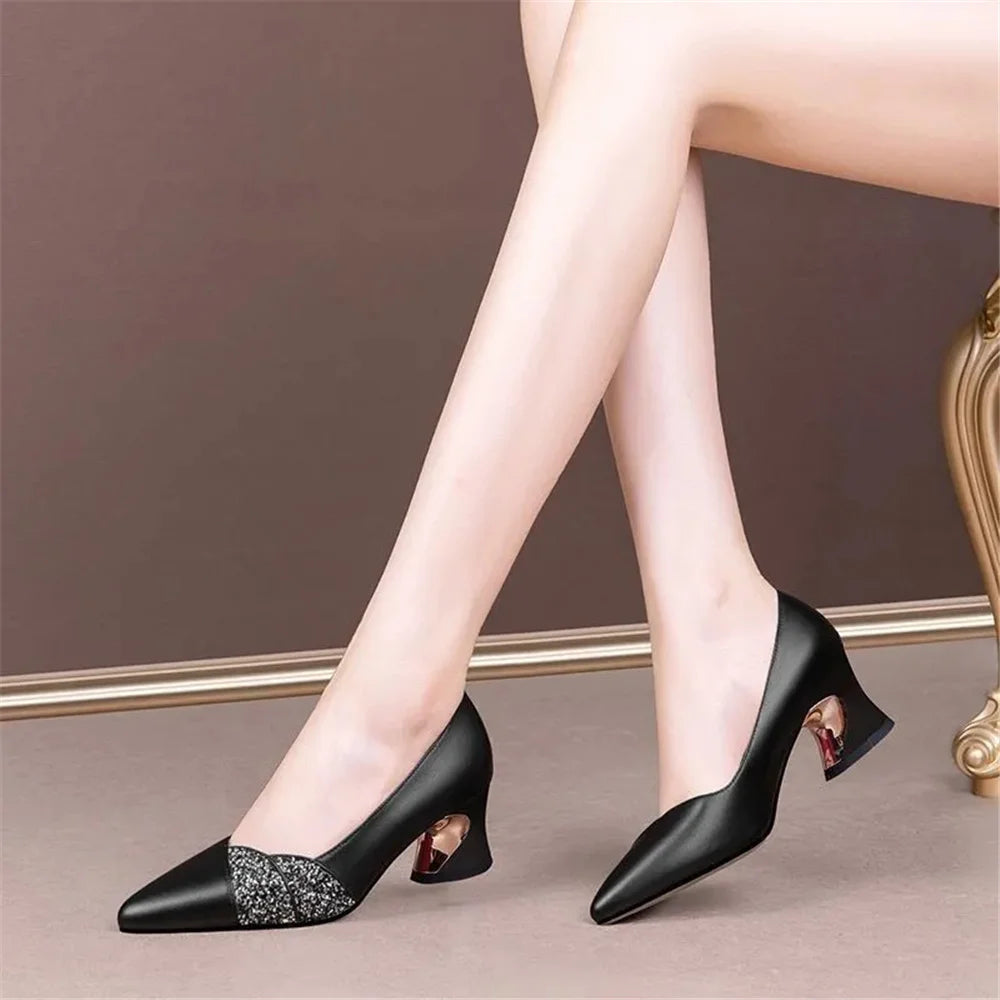 zapatos de mujer women fashion round toe elegant black plaid pattern slip on square heel shoes lady career office pumps ha12