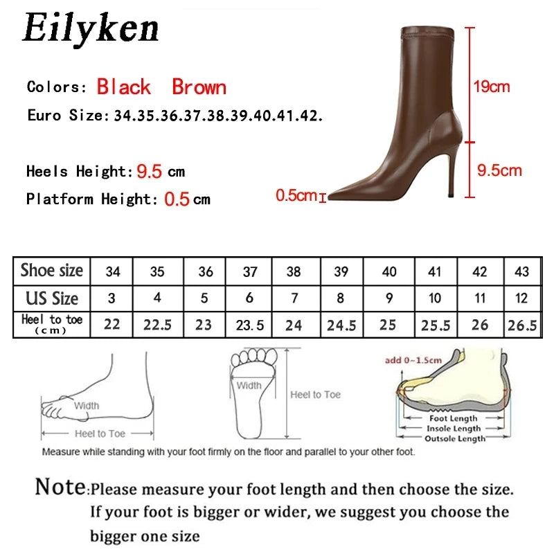 Eilyken Fashion Winter High Quality Soft PU Leather Socks Women Ankle Boots Street Style Pointed Toe Thin Heels Ladies Botines