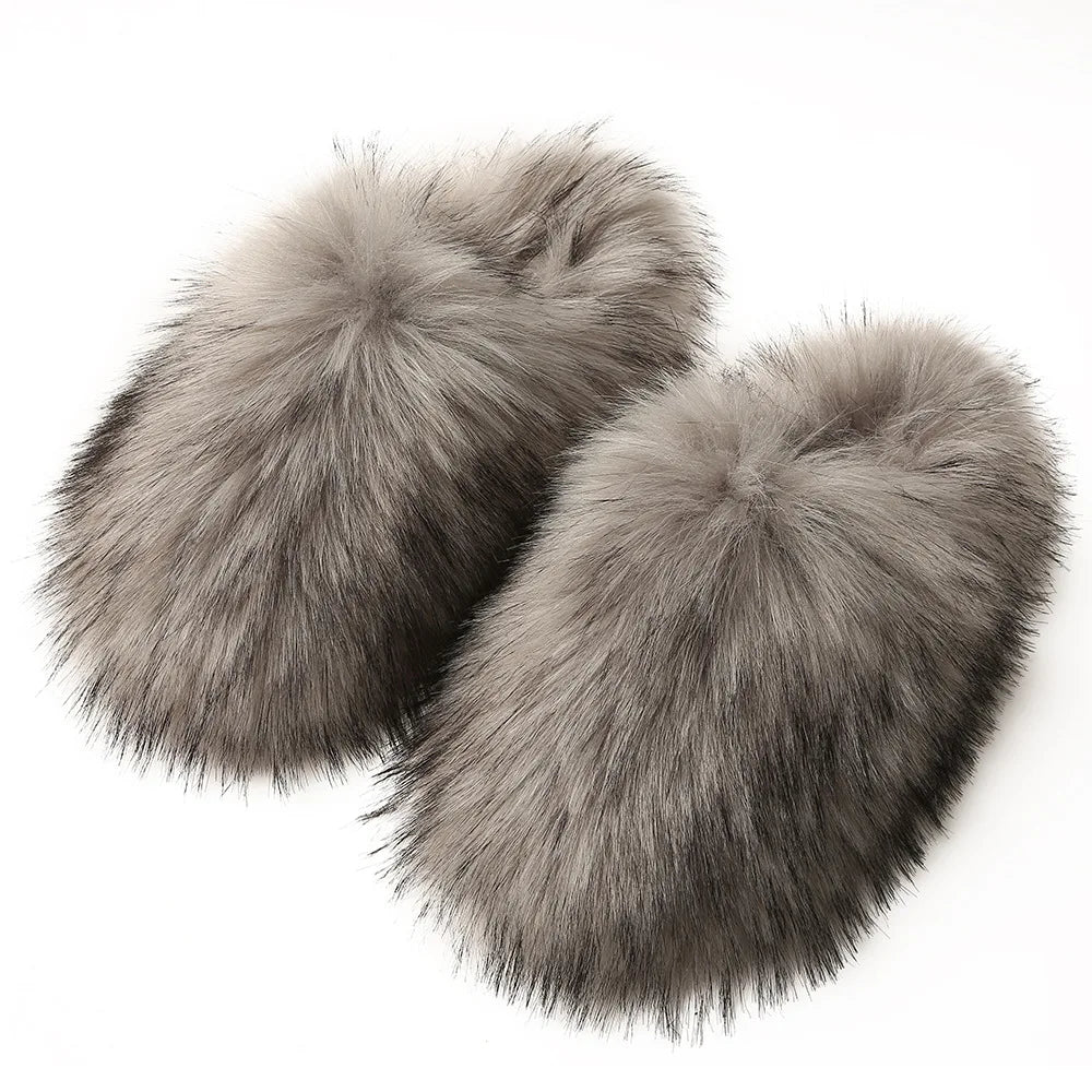 Ladies Winter High Quality Fox Fur Slippers Women Warm Fur Slides Girls Luxury Furry Slippers Soft Comfortable Home Cotton Shoes