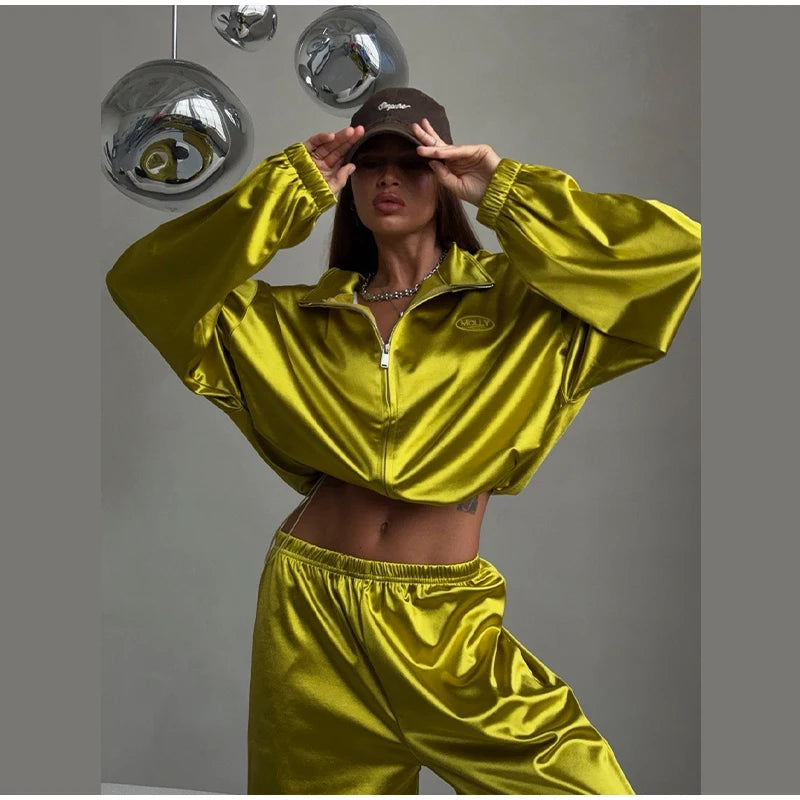 2026 Spring Satin Embroidered Zip-Up Jacket Wide Leg Pants Set Oversized Slouchy Women 2 Pcs Outfit Cool Lady Co-ord Streetwear