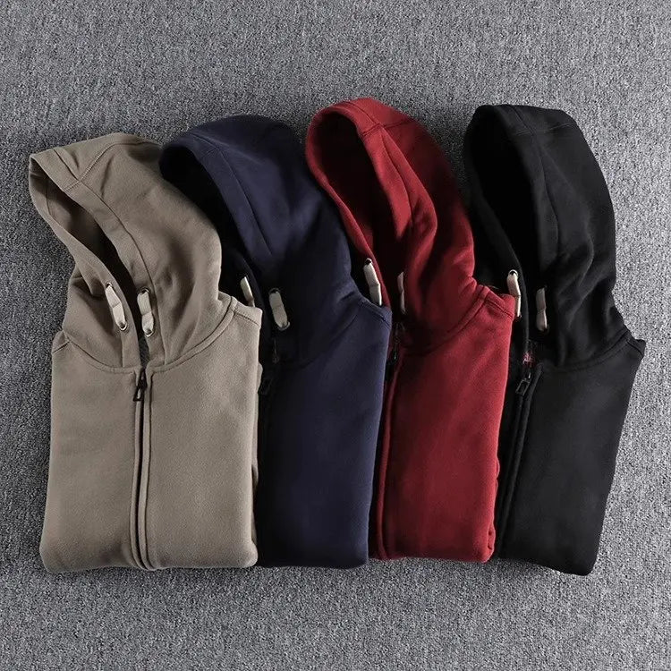 Men's Thickened Fleece Hoodie Sweatshirt Autumn Winter Heavyweight Sporty Casual Zipper Jacket Vintage Youth Open Cardigan
