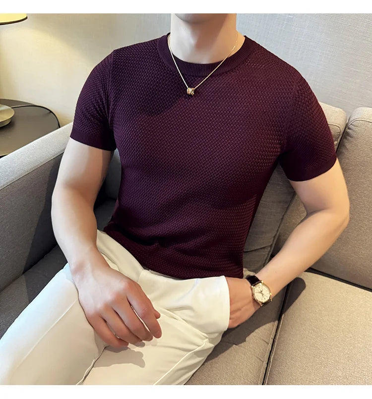 Summer Breathable T-Shirts For Men Korean Luxury Clothing O-Neck Short Sleeve Knitted Men's T Shirt Fashion Hollow Tops&Tees 3XL