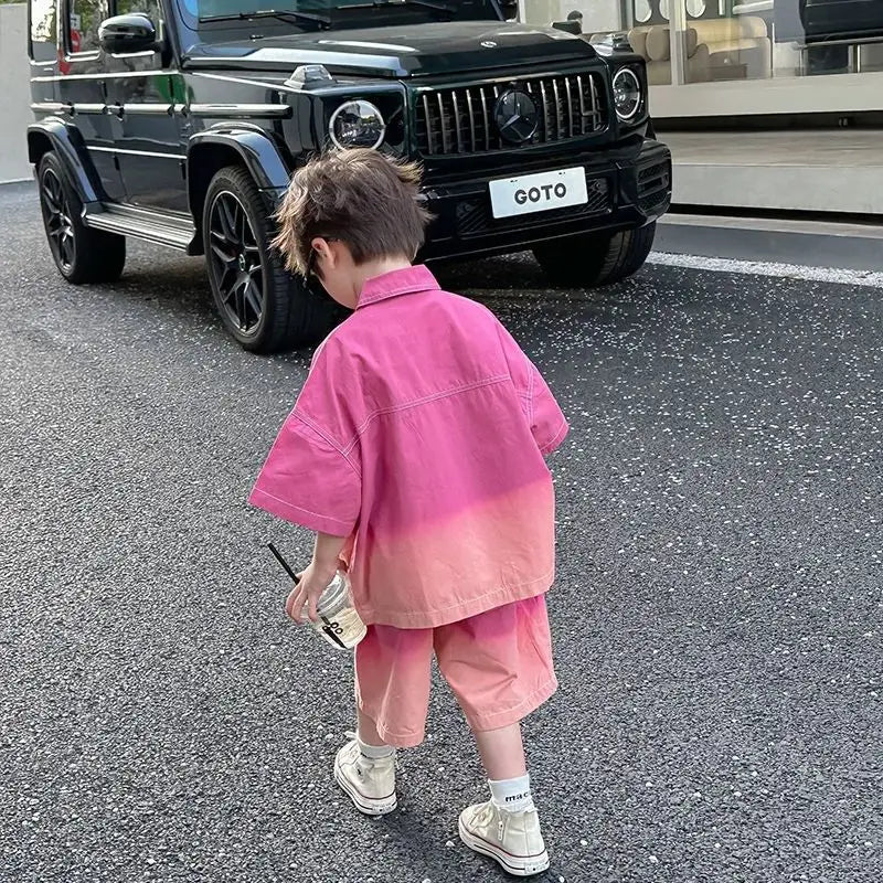 2026 New Boys Fashion Gradient Pink Shirt Shorts Set Loose Fit Casual Kids Two Piece Outfit Breathable Children's Streetwear 3-8