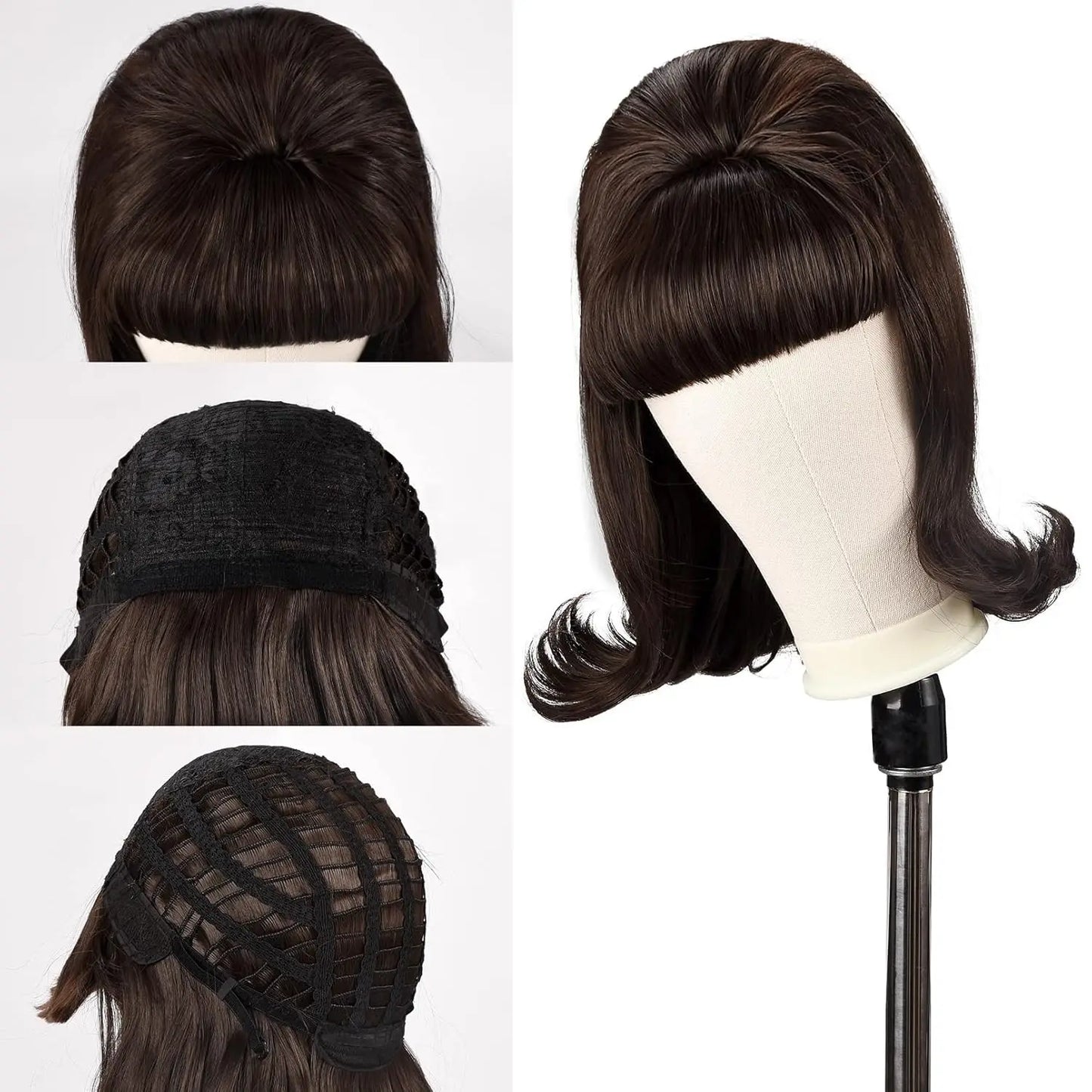 Retro Brown Wig 50S 60S 70S Ladies with Bangs Wig Halloween Costume Party Synthetic Hair