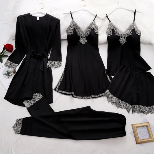 Girls Fashionable Sexy Pajamas Women's Erotic Set 5-piece Set Sexy Lace Lingerie Ladies Loungewear Set Cocktail Party Lace Skirt