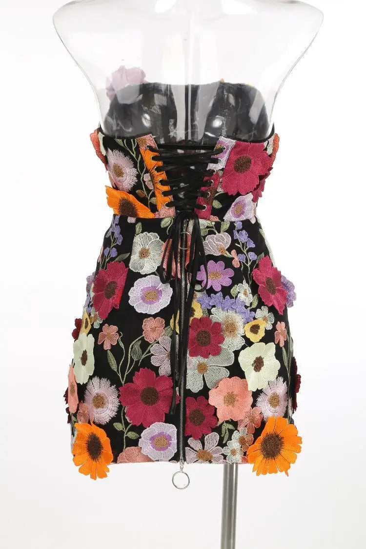 Women's 3D Floral Embroidery Backless Sleeveless Mini Dress Self Tie Evening Gown Elegant Short Dress for Party Cocktail Wedding