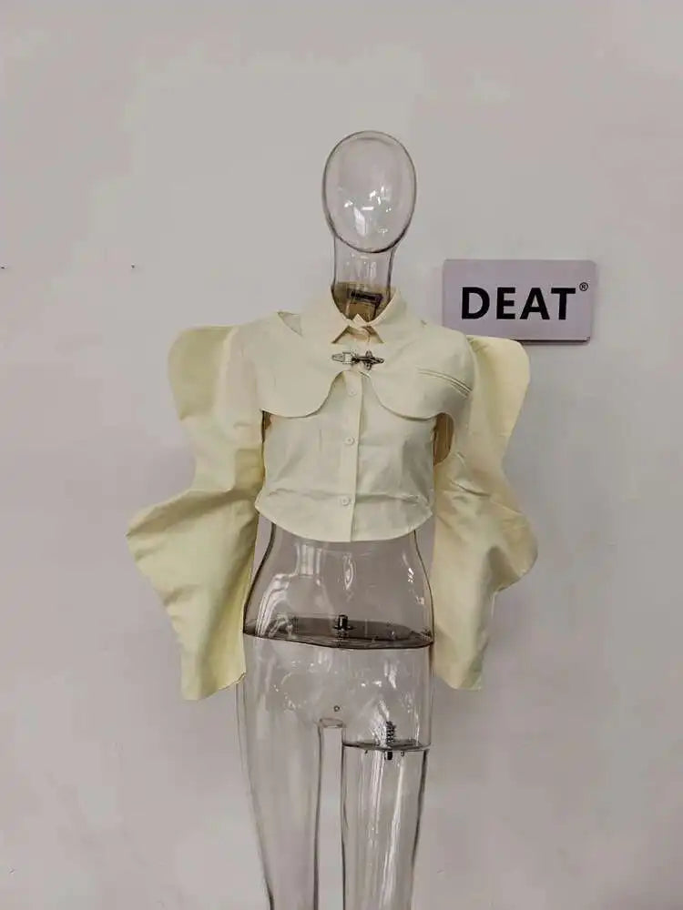 DEAT Casual Fashion Women's Shirt Lapel Sleeves Petal Sleeve Metal Button Solid Color Two Pieces Blouse Female Autumn 2025 WV333