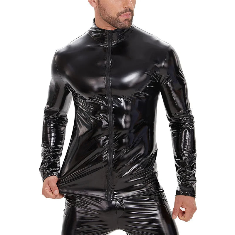 Men High-gloss Patent Leather Shirt Autumn Winter Zipper Cardigan Blouse Male Stretch Windproof Outerwear Moto Biker Uniform 7XL