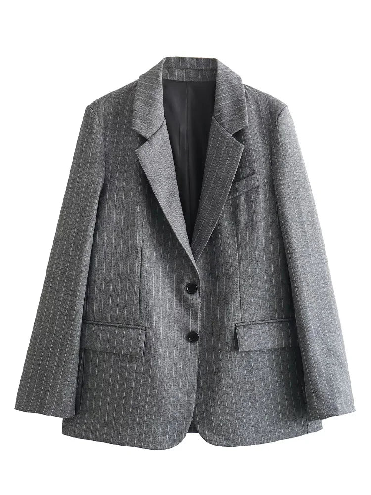 Willshela Women Striped Pockets Single Breasted Blazer Notched Neck Long Sleeves