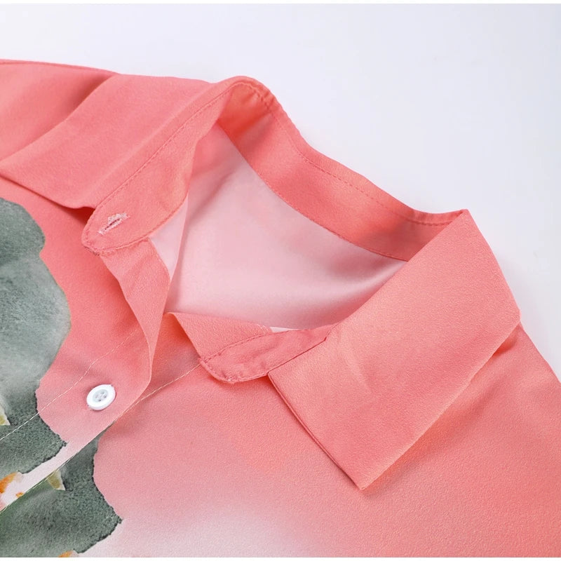 Floral Print Women Two Piece Set With Turn Down Collar Summer Casual Suit
