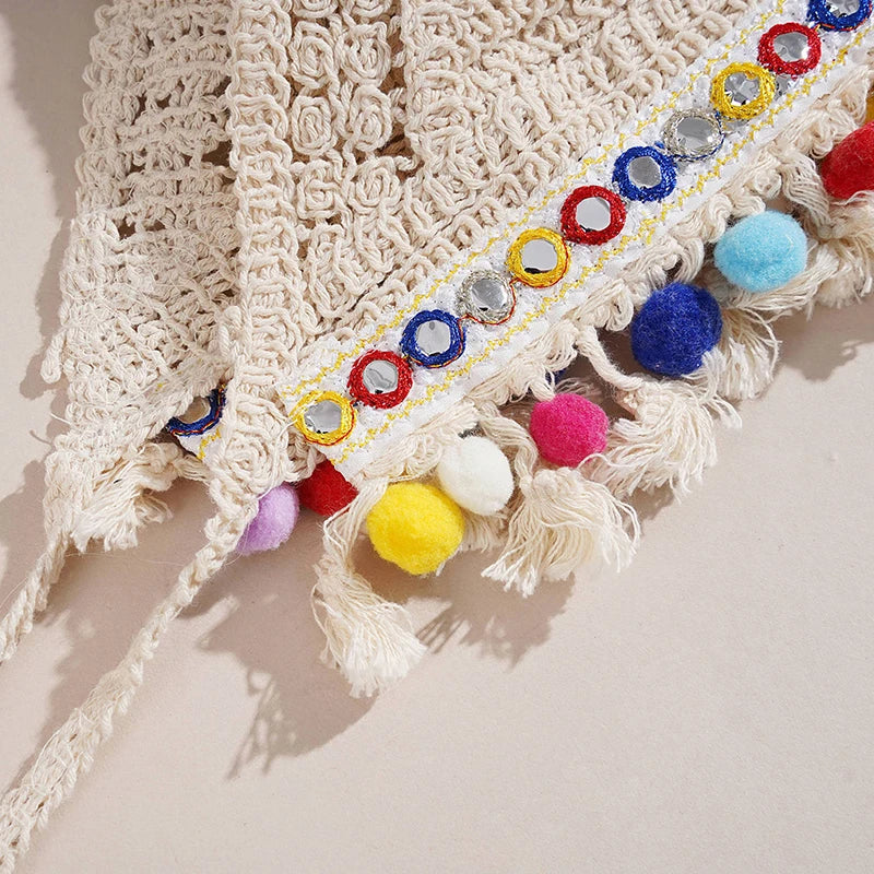 Bohemian Ethnic Style Sexy Knit Backless Short Crop Top For Women Lightweight Hollow Out Crochet Tassels Hem Halter Bras Bustier