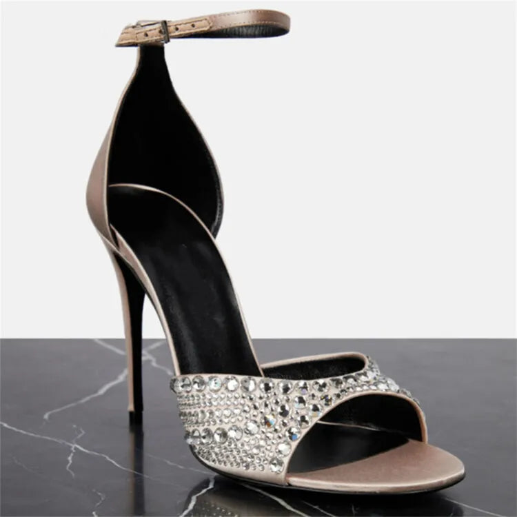 Summer 2023 Internet Celebrity Rhinestone Open Toed Sandals Fashion Round Toe Slim Heel Sandals Sexy Wrapped Party Sandals 35-43