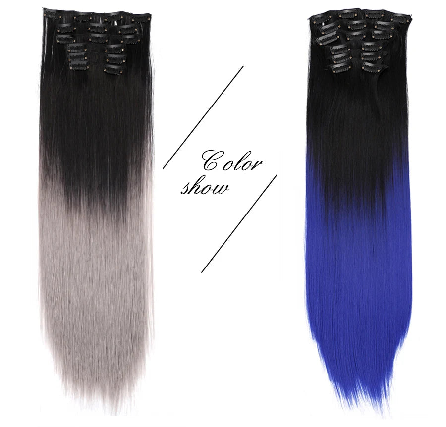 22 Inches Synthetic Long Straight Hairstyle 16 Clips 6Pcs/Set Hair Extensions Blonde Black Hairpieces Heat Resistant For Women