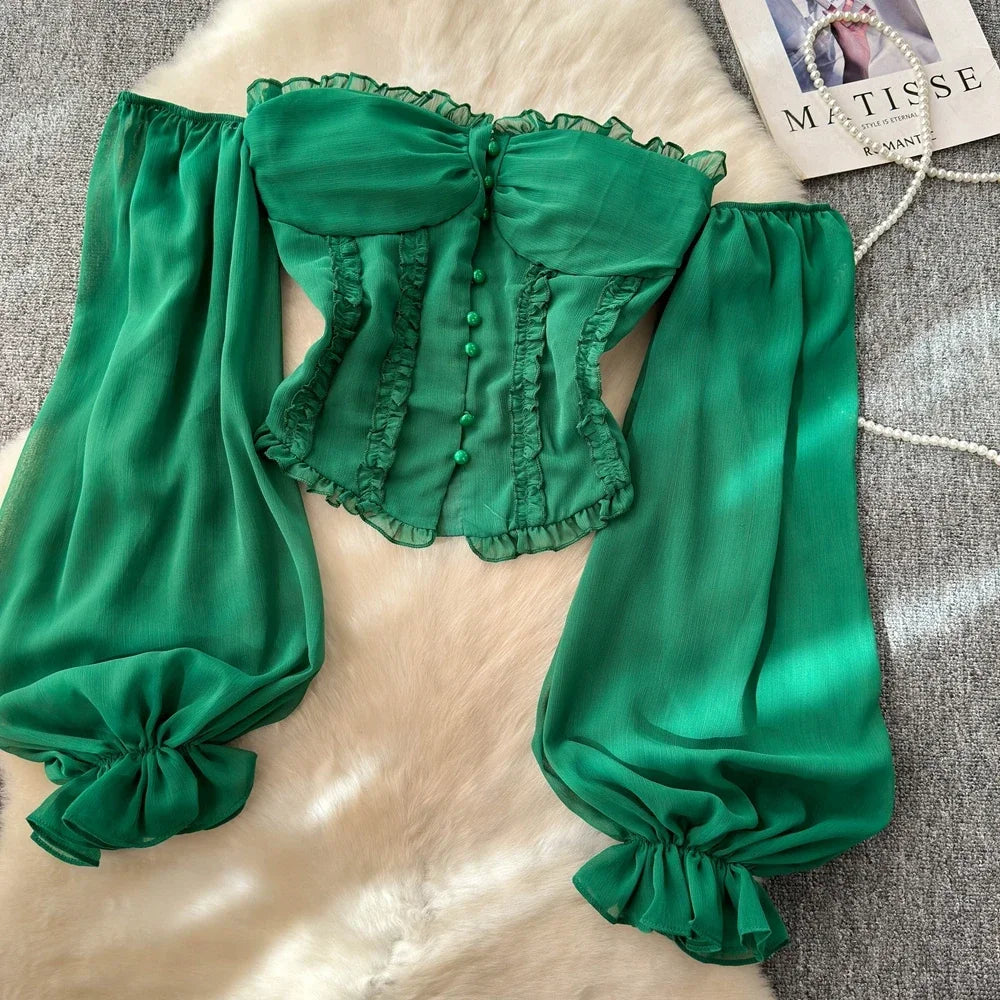Chiffon Blouse for Women Slash Neck Off Shoulder Solid Color Camisas Ruffles Folds Backless Summer Blusas De Mujer Chic Dropship