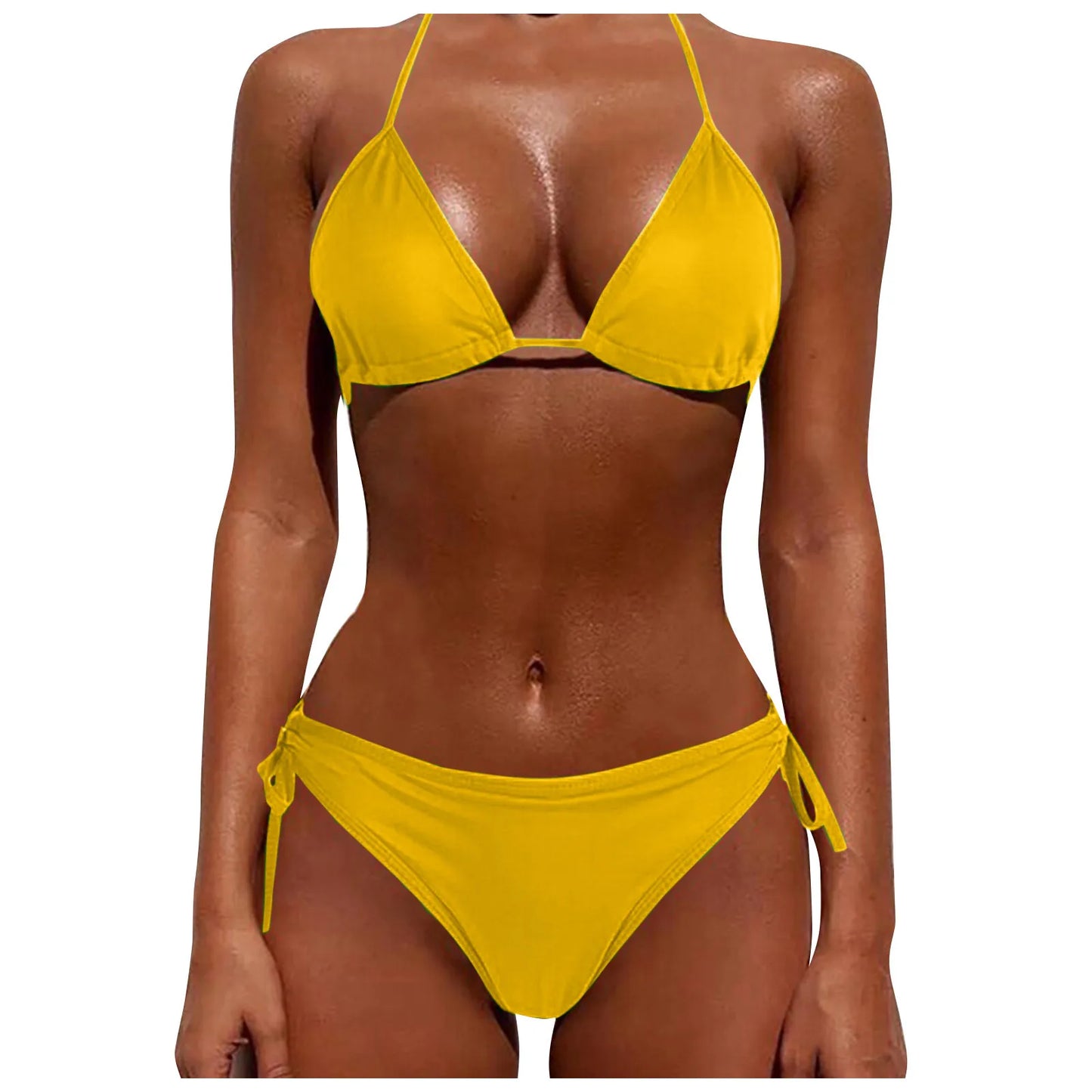 2 Pcs/Set Bikini Set Sexy Bikinis New Solid Color Halter Neck Strap Thong Swimwear Bathing Suit Women Swimsuit Set for Beach