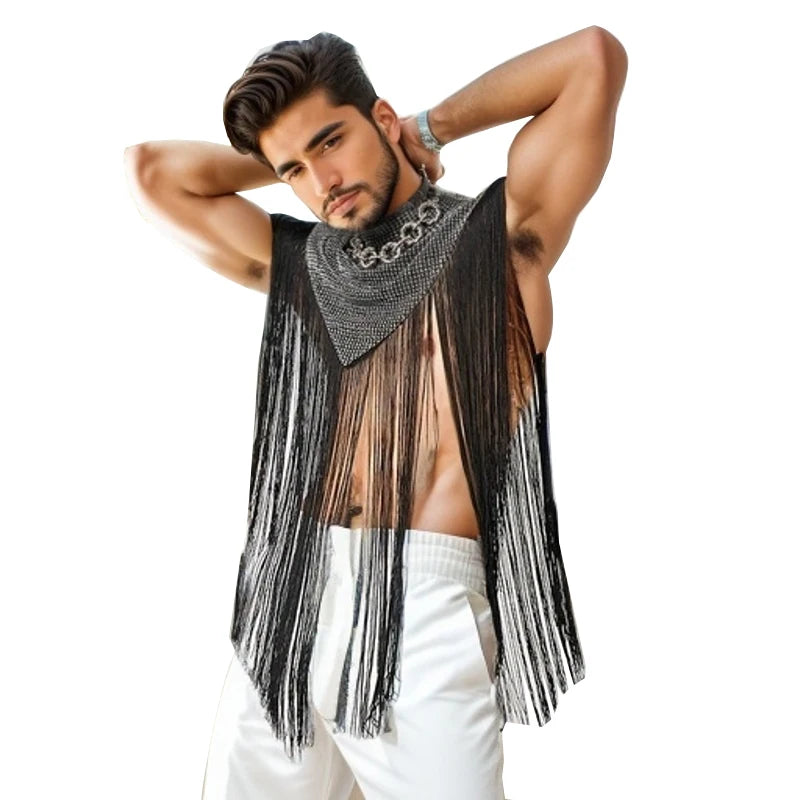Men's Clothing Irregular Tank Tops Fashion Vests Tassel Patchwork Turtleneck Sleeveless Streetwear Leisure Sexy Cloak Ponchos