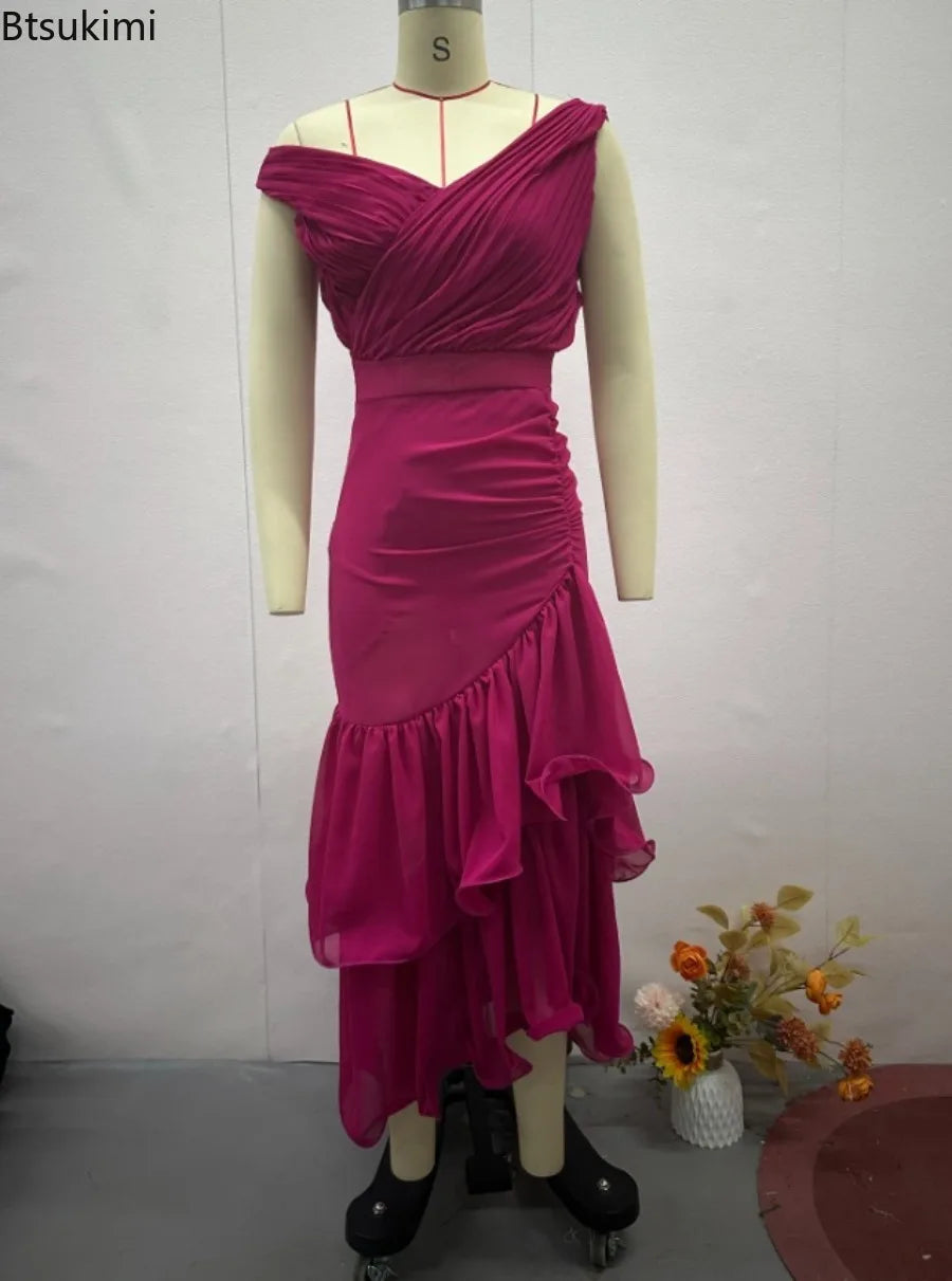 2026 New Women's Sexy Dress Sweet Style Solid High Waist Ruched V-Neck Sleeveless Summer Fashion Ruffle Elegant Party Long Dress