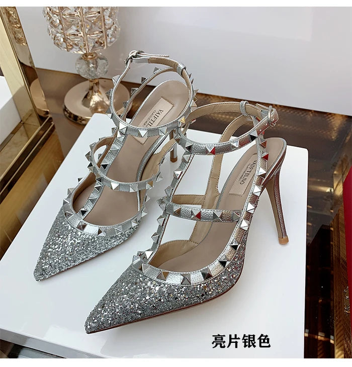 Nude Women's Gladiator sandals Summer 2025 Luxury With Ankle Strap Pointed Toe Fashion Rivet High Heels Party Ladies Shoes Women