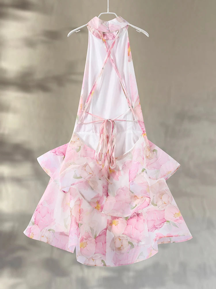 Printed Halter Ruffles Short Dress Women Glamorous Sleeveless Backless Lace Up Party Evening Dresses Chic Ladies Ball Gown New