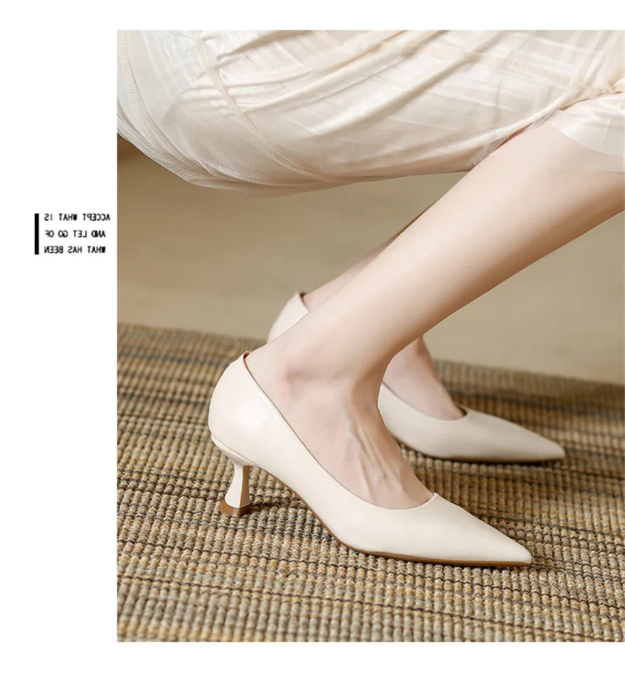 Soft Leather Concise Ladies Office Shoes 2026 Spring Shallow Comfort 6.0cm High Heels Women Pumps Dress Pointy Toe Wedding Shoes