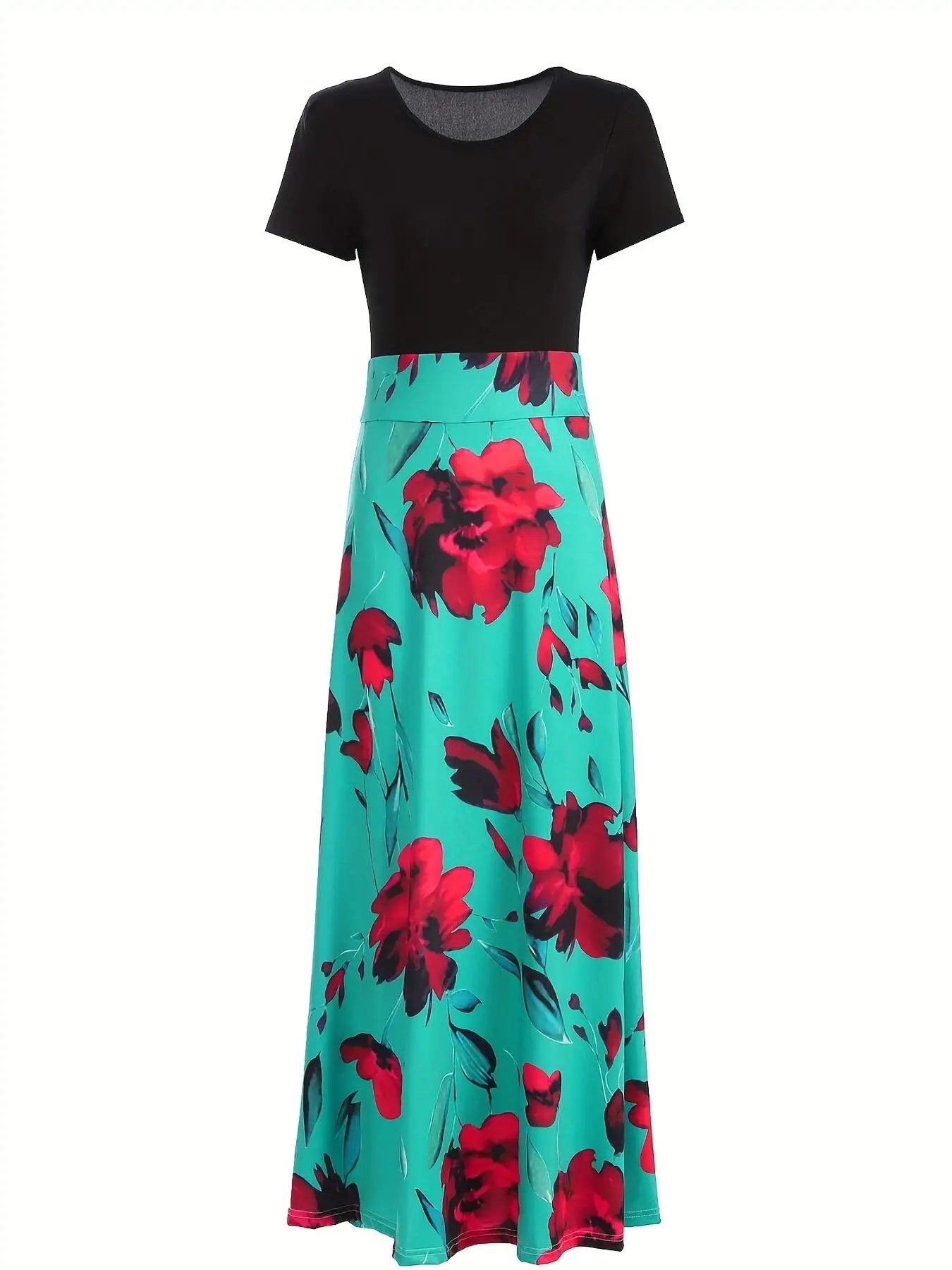 2024 European and American style flower print color matching short sleeved dress for women's large swing skirt