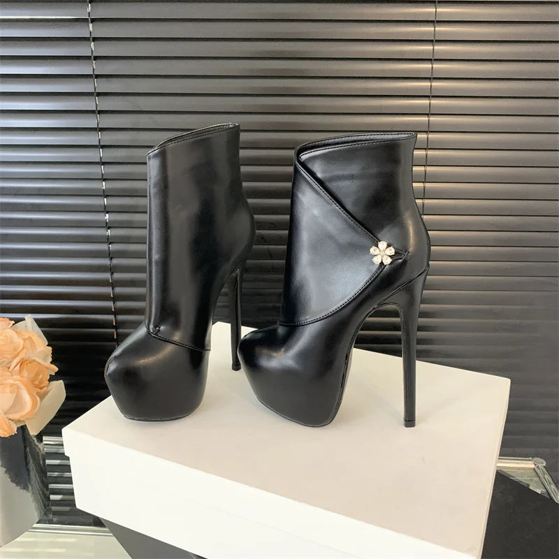 Hlieny Size 35-42 Fashion Extreme Platform Boots Women Winter Fashion Round Toe Thin High Heels Flowers Buckle Shoes