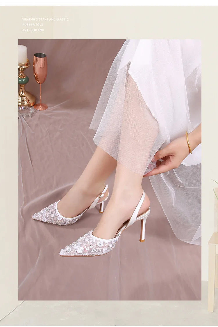 Size 34-42 2025 Summer Beaded High Heel Wedding Shoes Women Lace Mesh Party Dress Shoes