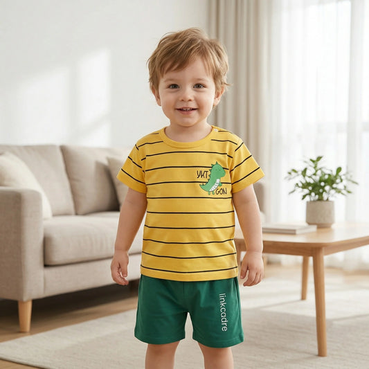 2026 Summer Casual Kids Set Cute Cartoon Print Short Sleeve Top+Shorts 2Pcs Clothes for Boys Girls Soft Cotton Children Outfit