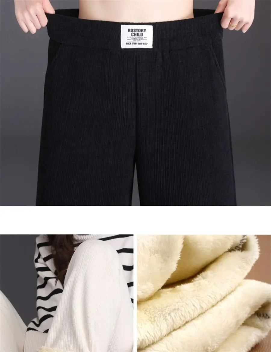 Thin/Thick Winter Lined Wide Leg Pants CasualThicken Warm Baggy Sweatpants Women HighWaist Korean Lamb Fluff Straight Pantalones