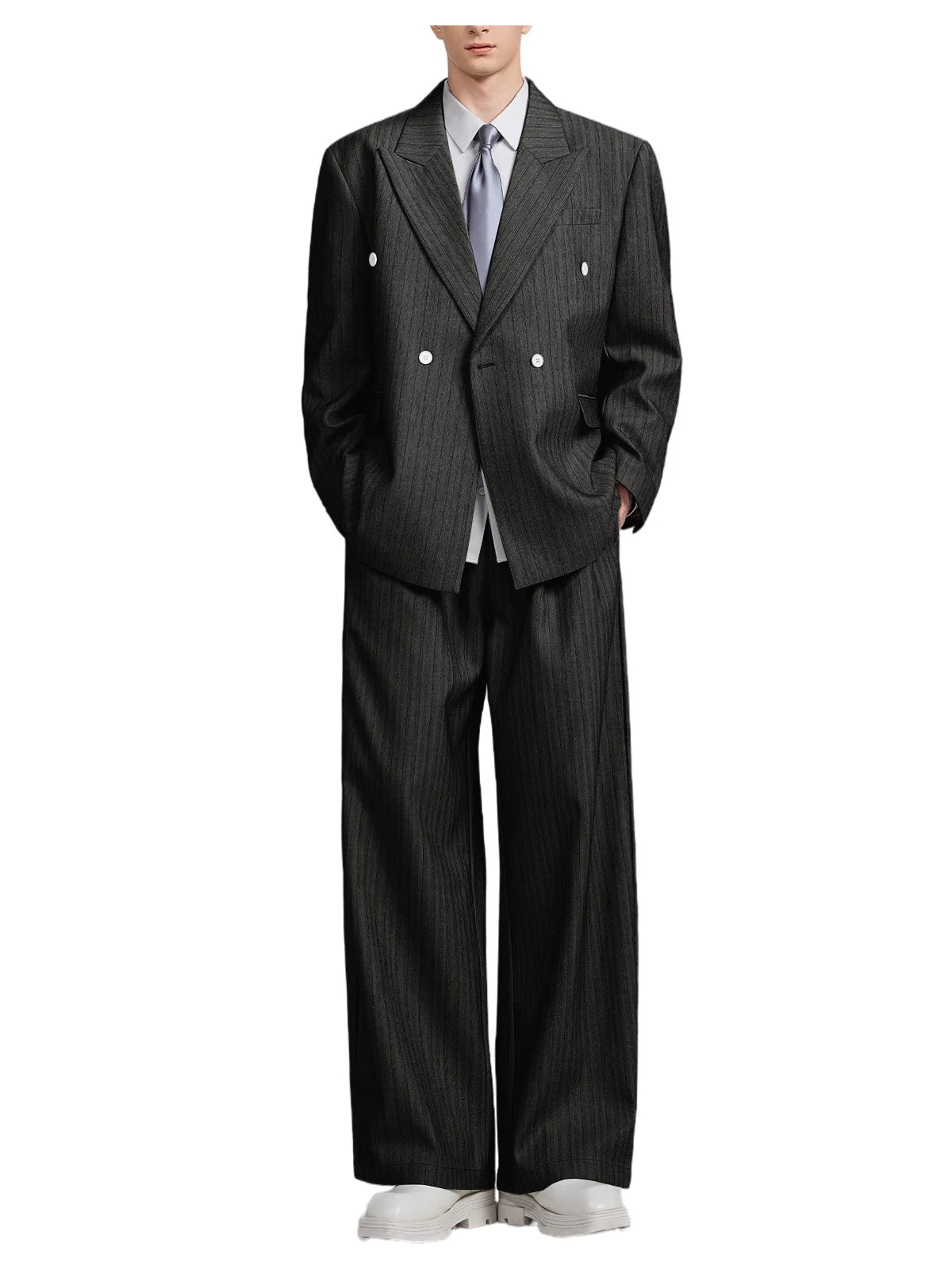 Men's Pinstripe 2-Piece Suit Notch Lapel Jacket Loose Fit Double Breasted Blazer Wide Leg Trousers for Formal Business Casual