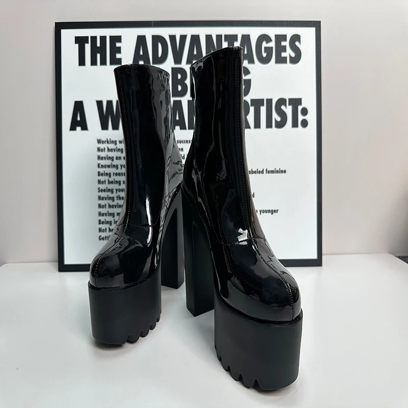 16CM Super High Heels Motorcycle Boots New Square Heel Platform Women Ankle Boots Sexy White Pleated Back Zipper Short Boots
