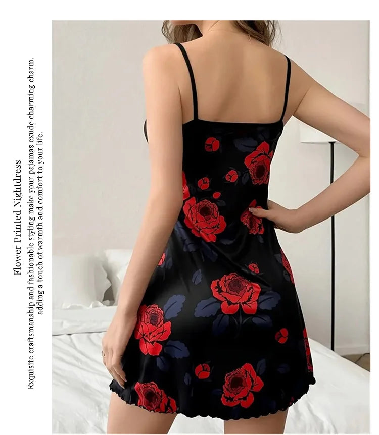 Heart Print Lettuce Trim Slip Nightdress Casual Round Neck Backless Night Dress Women's Sleepwear Home Loungewear Pyjama Femme