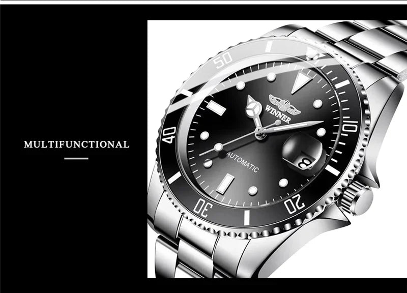 Classic Mechanical Watches Luxury Brand Business Automatic Watch for Men Rotatable Bezel Luminous Dial Steel Strap Clock