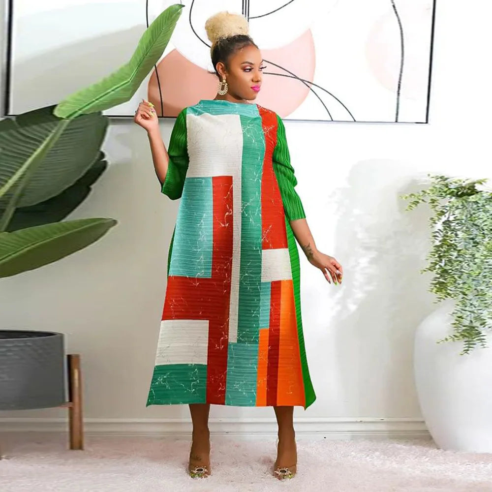 African Dresses for Women Summer Fashion Style African 3/4 Sleeve Polyester O-neck Pleated Dress Dashiki African Clothes Women