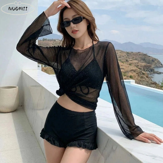 Trendy Beachwear Ruffles Bikini Set Transparent Pullover Slim Fit Swimming Suit Lace-up Sun Protection Bathing Suit For Women